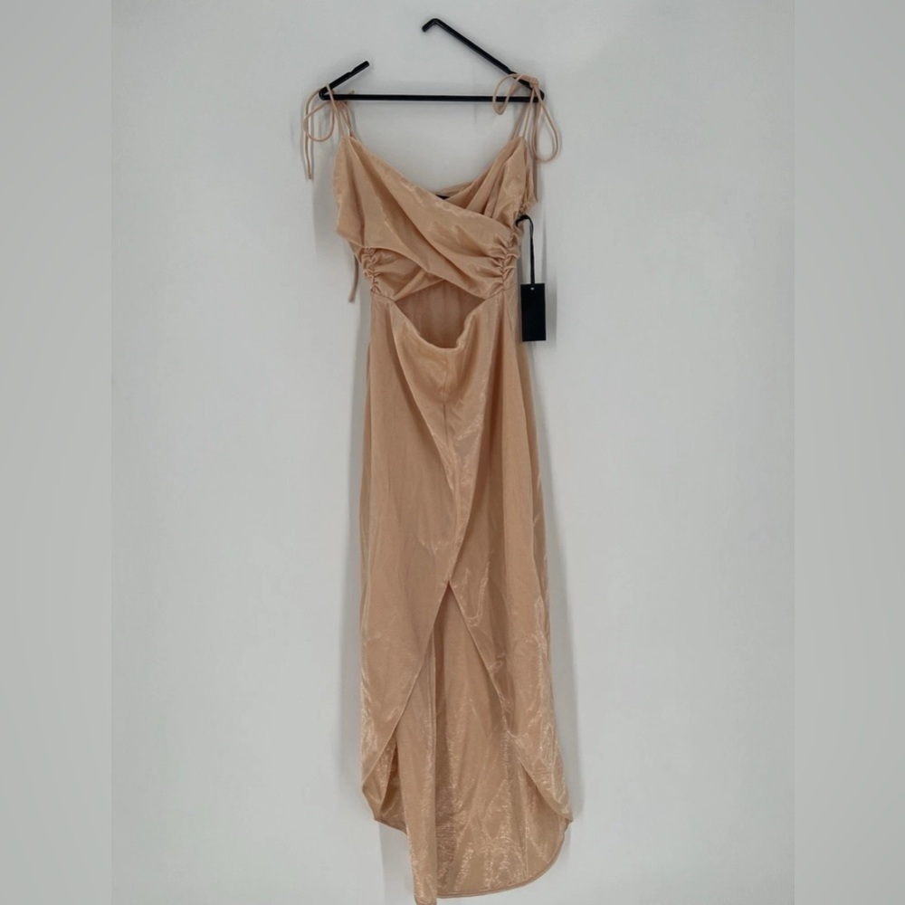 H:ours Felisa Satin Shimmer Tie Strap Wrap Ruched Front Slit Midi Dress